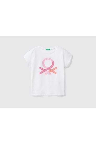 Kız Çocuk Beyaz Simli Benetton Yazılı T-shirt resmi